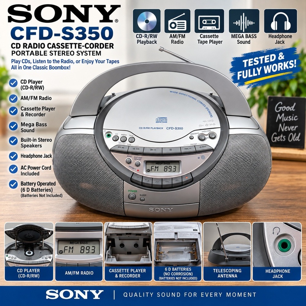 Sony CFD-S350 CD Radio Cassette-Corder Portable Stereo System Silver Boombox